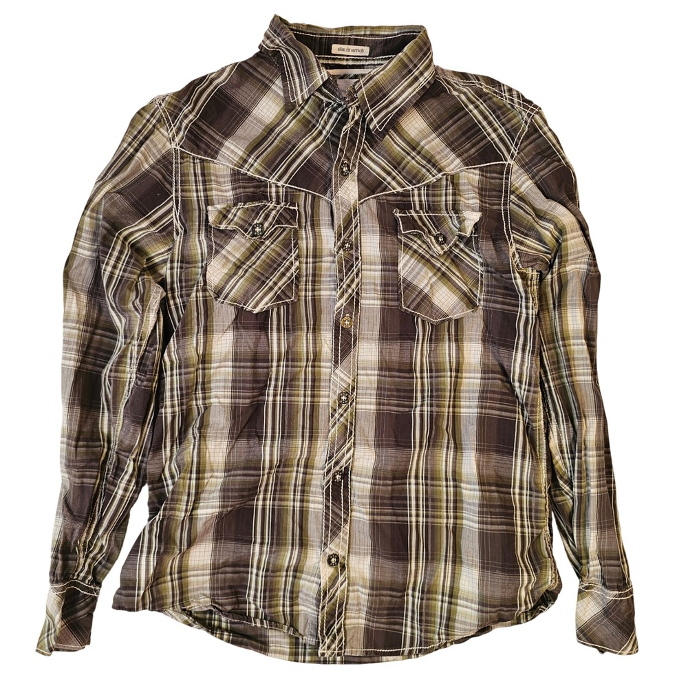BKE Mens Slim Fit Stretch Western Plaid Button Down Shirt Brown Green Medium